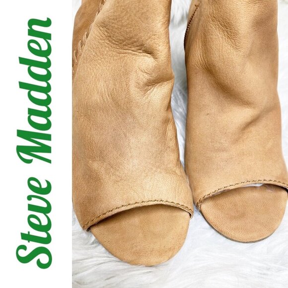 STEVE MADDEN MINGLE TAN LEATHER OPEN TOE OPEN HEEL BLOCK HEEL BOOTIE, SIZE 8 - Picture 3 of 13